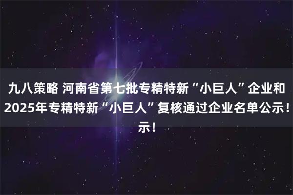 九八策略 河南省第七批专精特新“小巨人”企业和2025年专精特新“小巨人”复核通过企业名单公示！